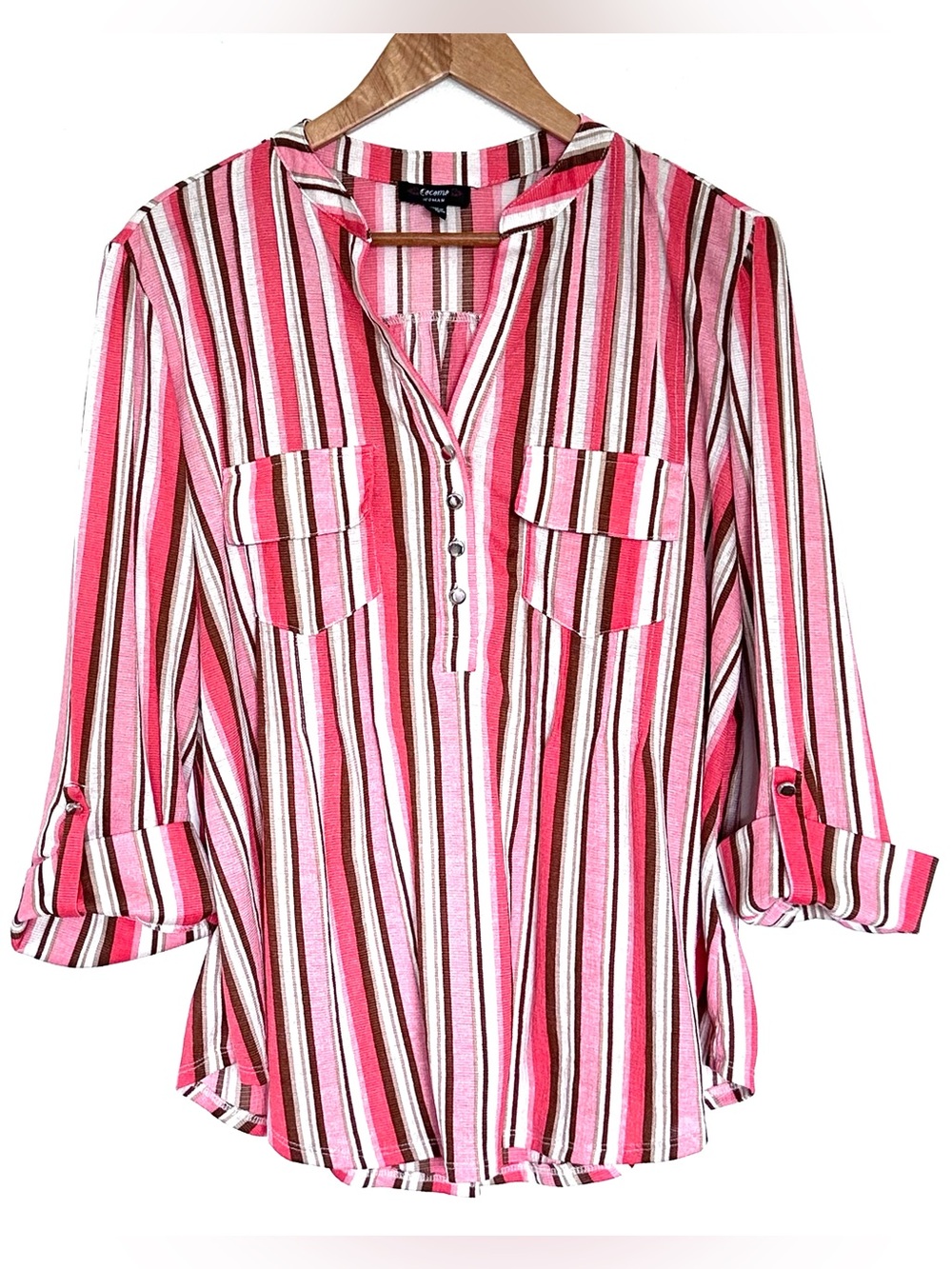 Cocomo Plus Shirt Women’s 1X Striped Sheer 3/4 Roll Tab Sleeve V Neck Pockets